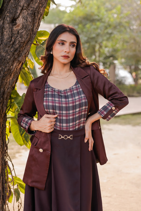 Wine linen satin premium coat with check detailing cuffs with gold buttons EWCT0007-WINGB