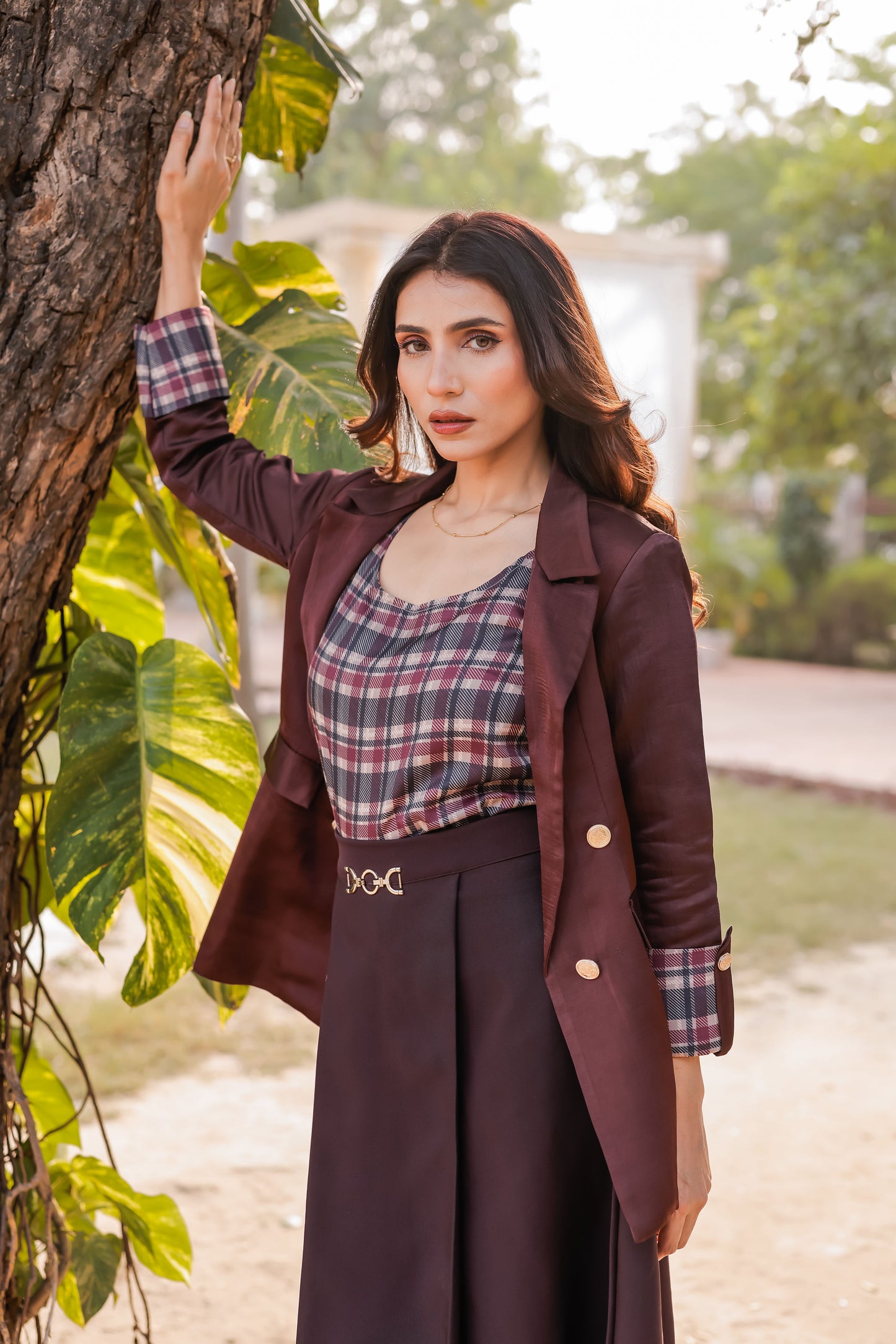 Wine linen satin premium coat with check detailing cuffs with gold buttons EWCT0007-WINGB