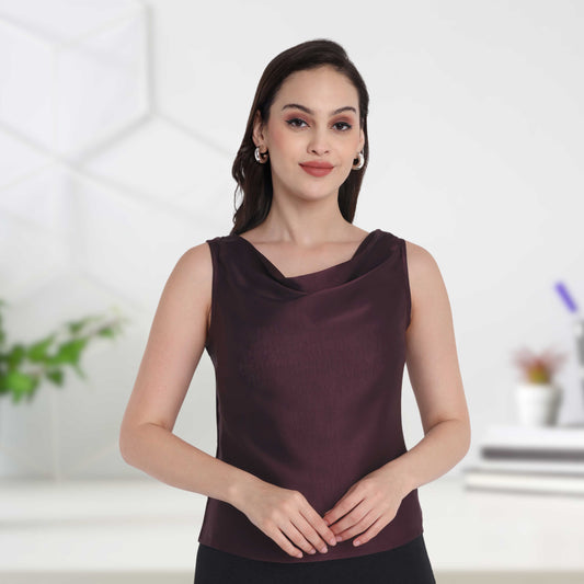 Mauve wine satin cowl neck top EWTP0018-MAUCL