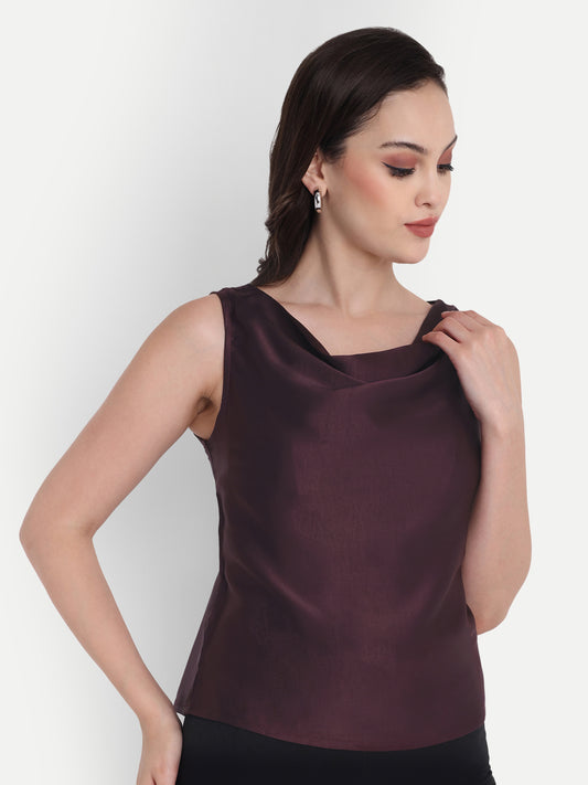 Mauve wine satin cowl neck top EWTP0018-MAUCL