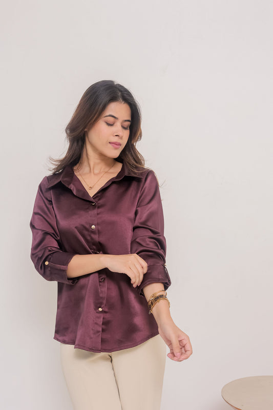 Purple satin shirt with plain gold buttons-esseneur