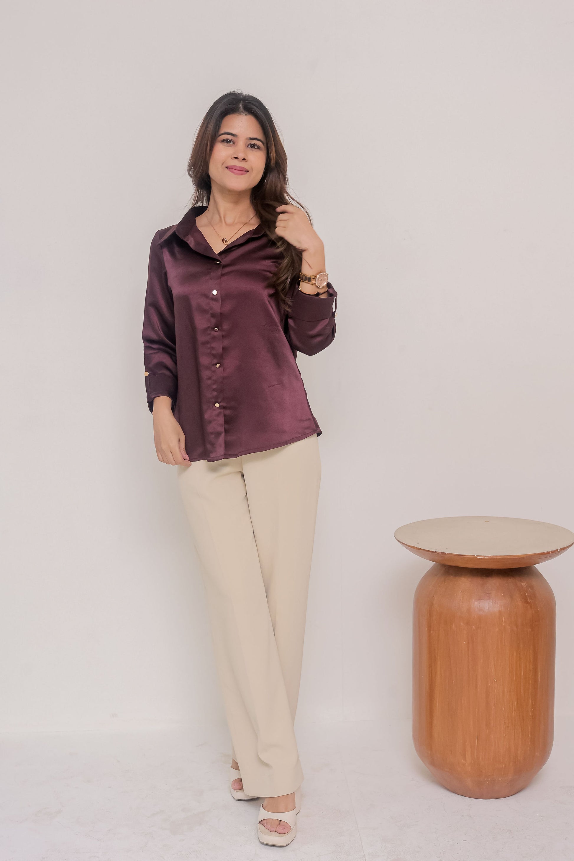 Purple satin shirt with plain gold buttons-esseneur