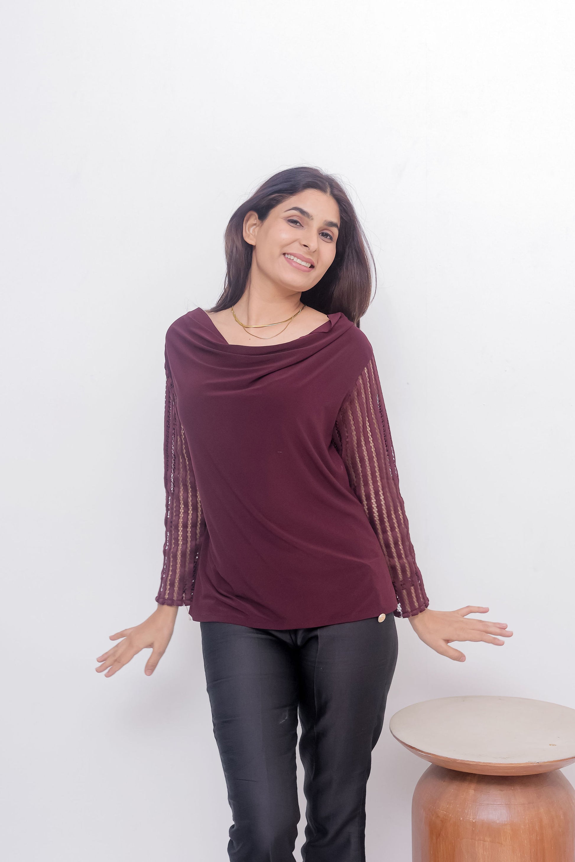 Maroon cowl neck top with cut work sleeves - esseneur.