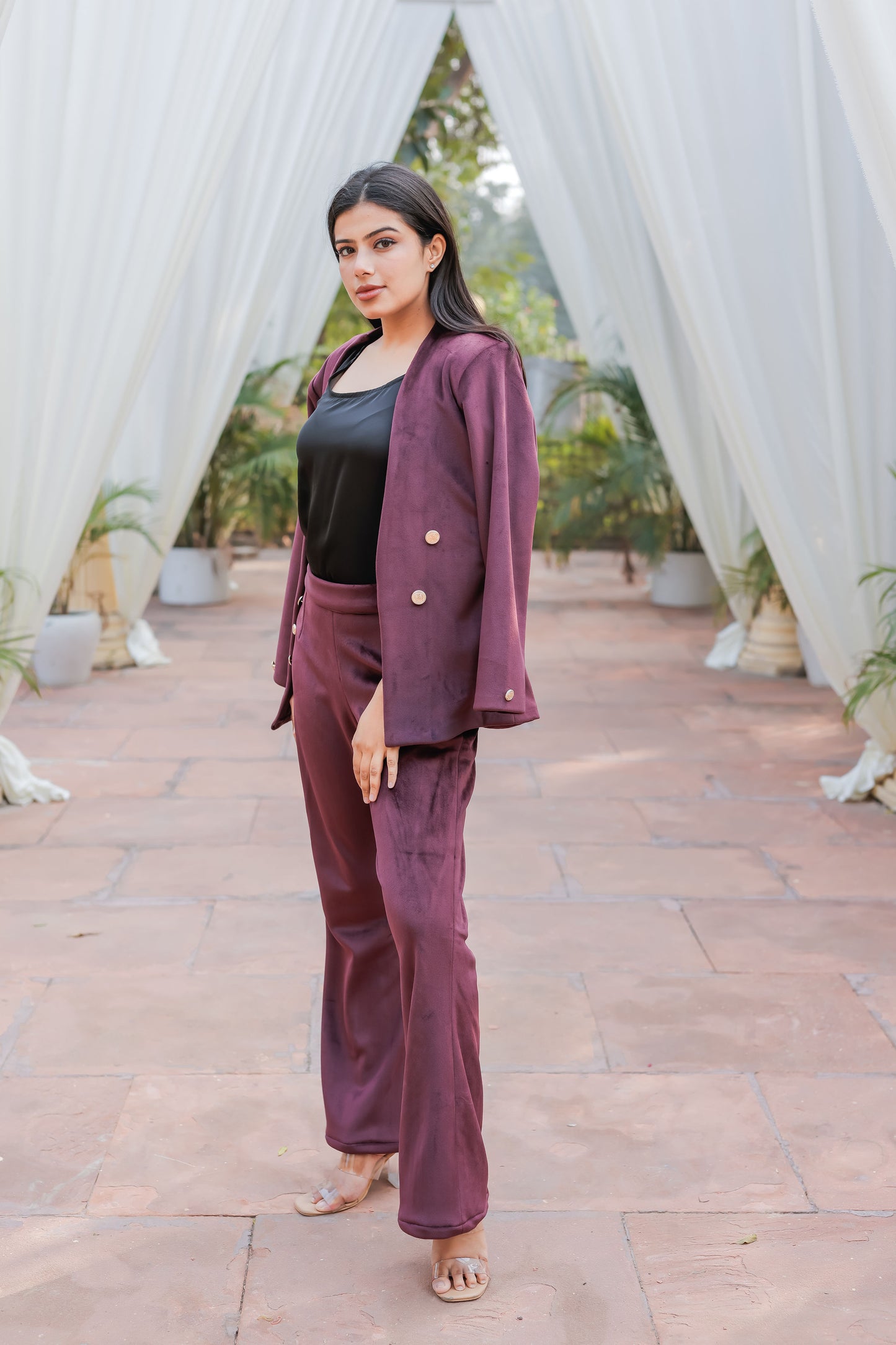 Wine velvet coat with gold detailing buttons & Pants Co ord set EWCO0035-WINPT