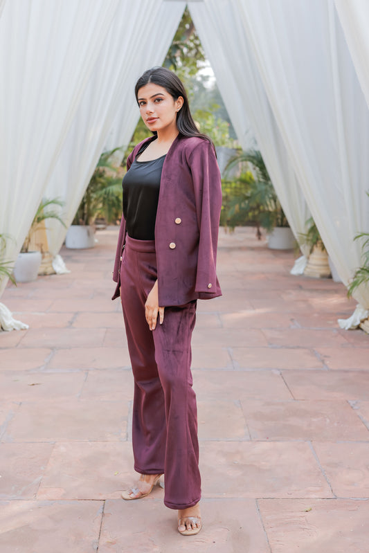 Wine velvet coat with gold detailing buttons & Pants Co ord set EWCO0035-WINPT
