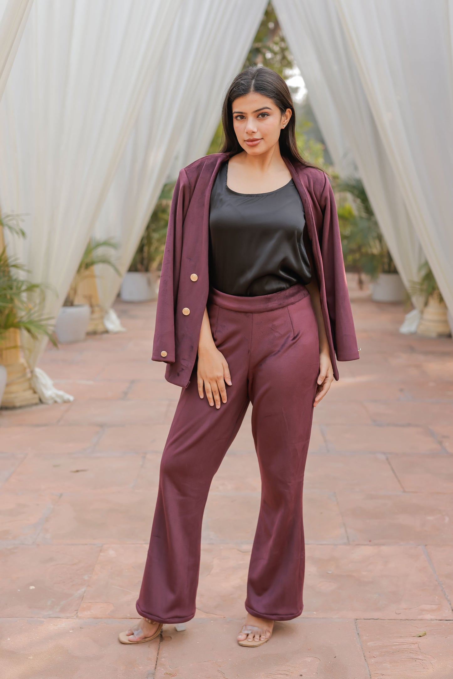 Wine velvet coat with gold detailing buttons & Pants Co ord set EWCO0035-WINPT