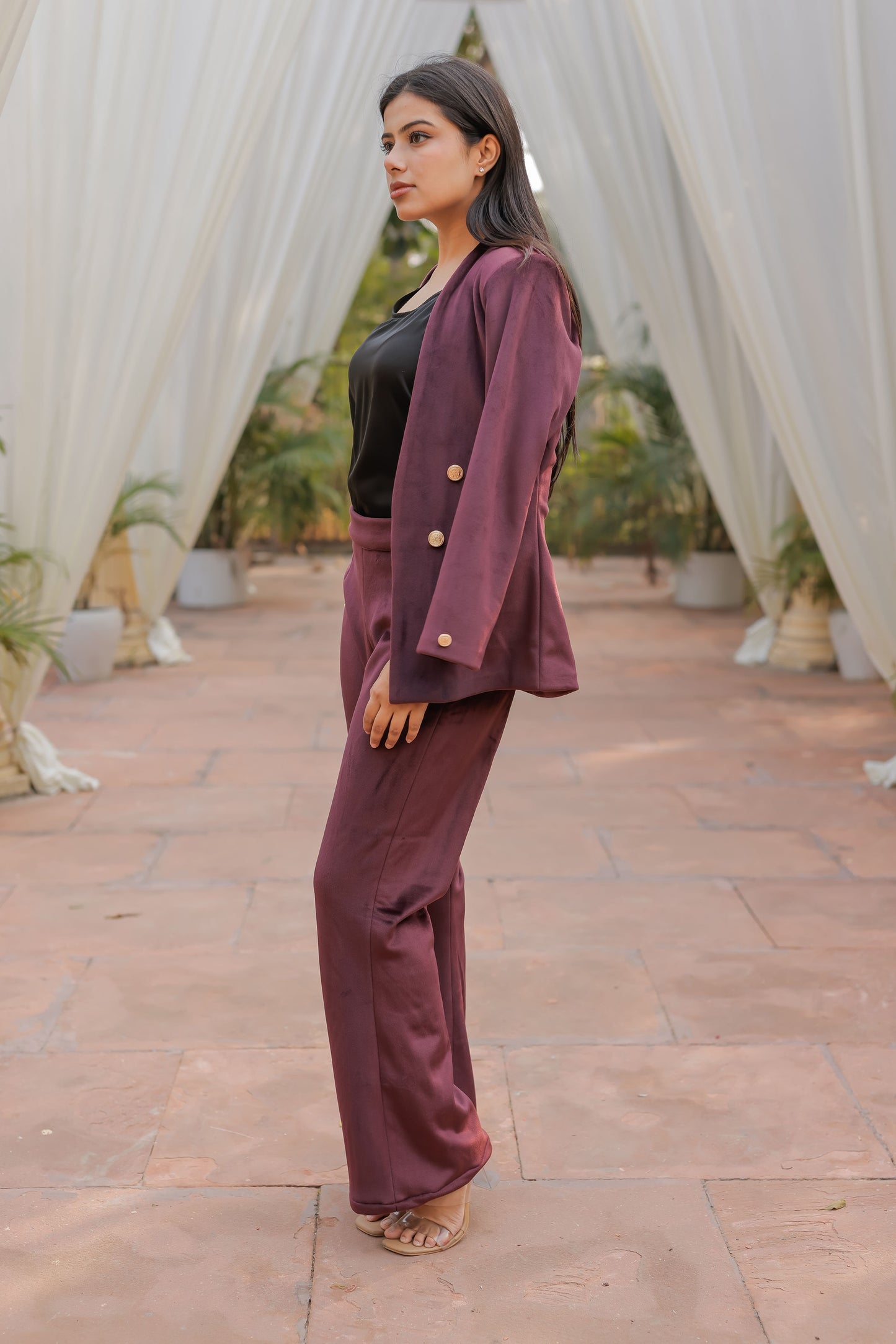 Wine velvet coat with gold detailing buttons & Pants Co ord set EWCO0035-WINPT