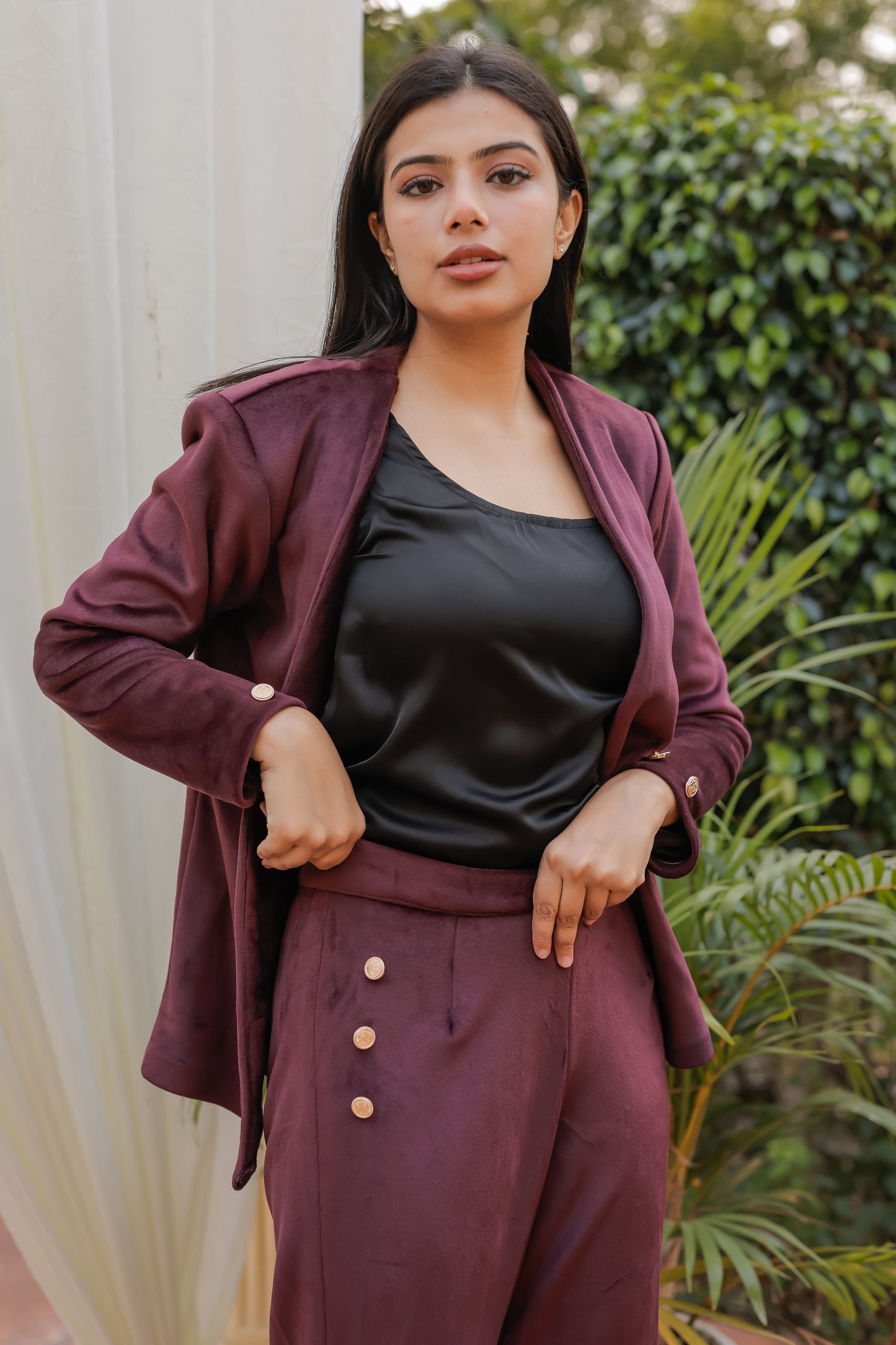 Wine velvet coat with gold detailing buttons EWCT0010-WINGB