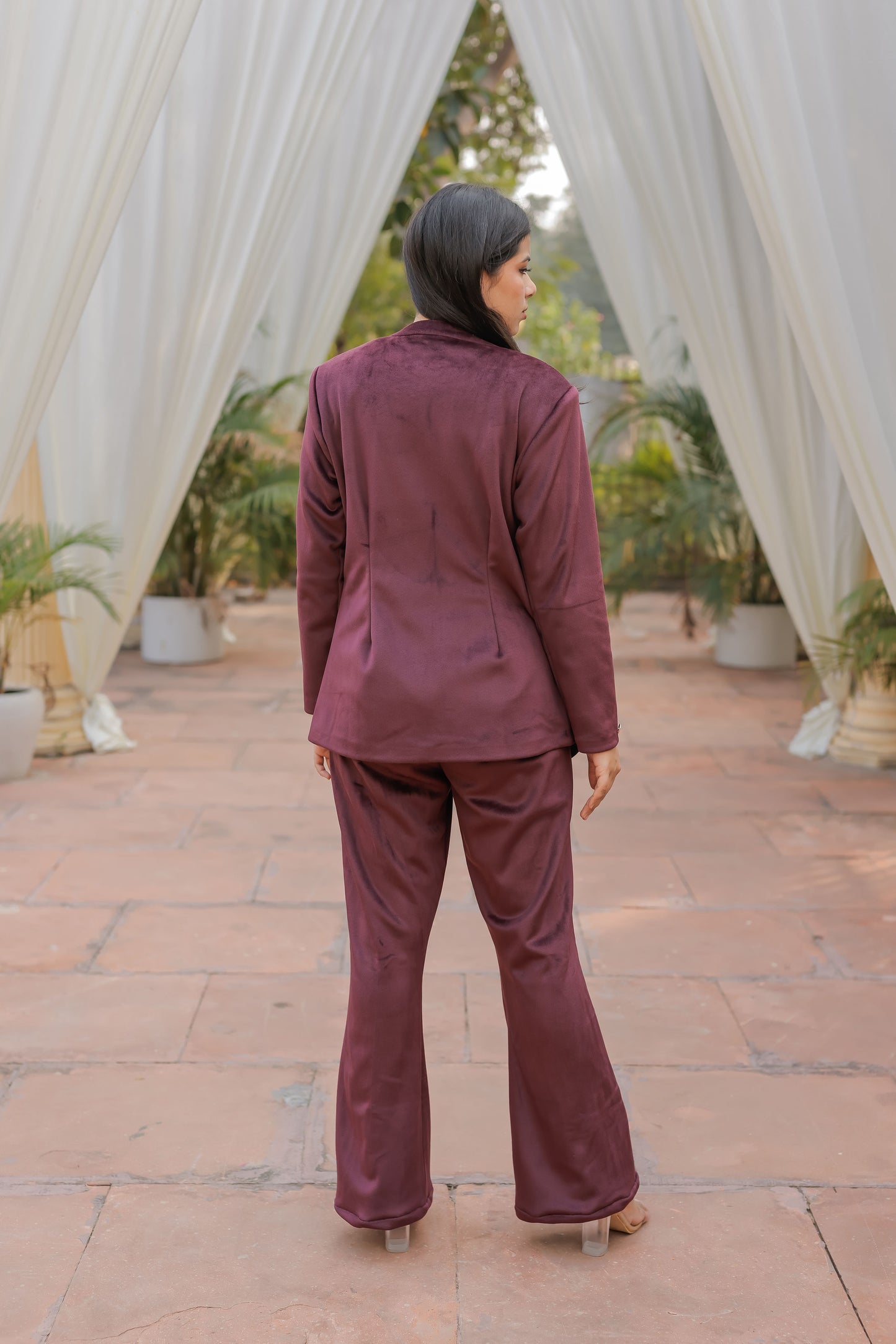 Wine velvet coat with gold detailing buttons EWCT0010-WINGB