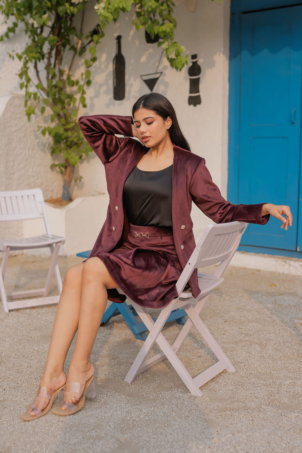 Wine velvet coat with gold detailing buttons EWCT0010-WINGB