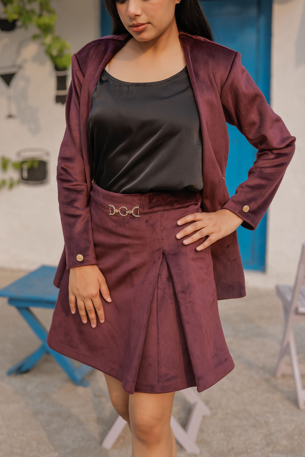 Wine velvet coat with gold detailing buttons EWCT0010-WINGB