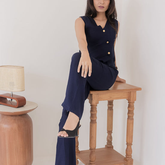 Navy co ord set with gold buttons-esseneur