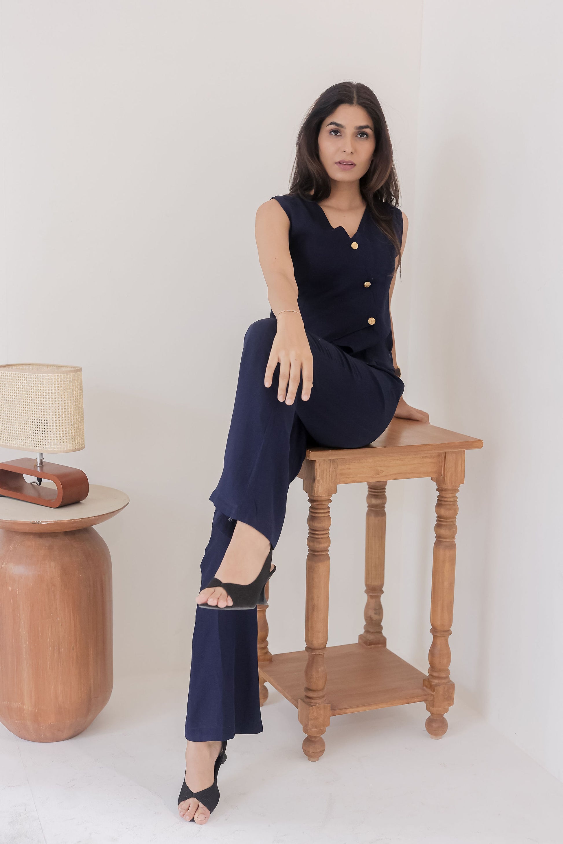 Navy co ord set with gold buttons-esseneur