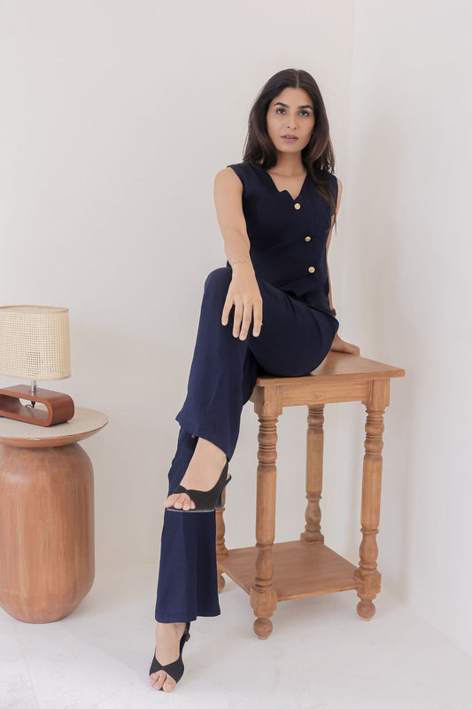 Navy co ord set with gold buttons-esseneur