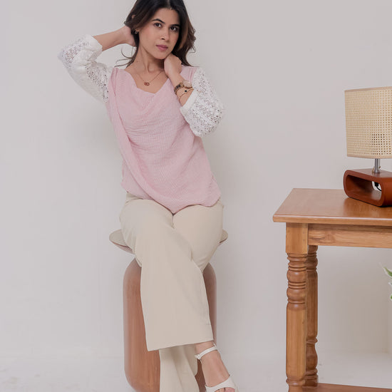 Pink stripe top with crotia sleeves and cowl neck - esseneur.