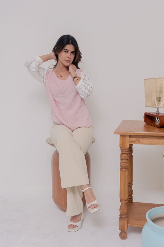 Pink stripe top with crotia sleeves and cowl neck - esseneur.