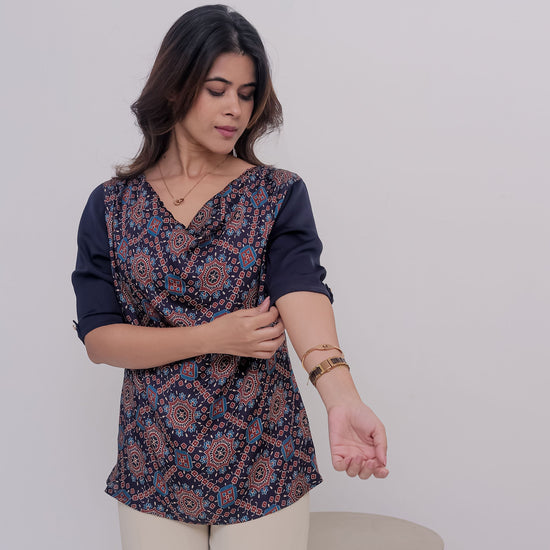 Printed ajrakh blue with cowl neck and blue top with quarter sleeves - esseneur.