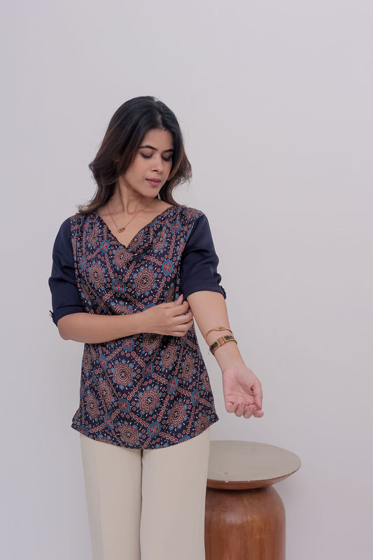 Printed ajrakh blue with cowl neck and blue top with quarter sleeves - esseneur.