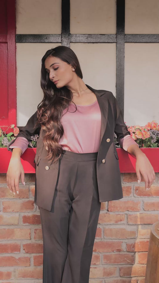 Black Crepe Coat with Satin Peach Cuff detailing and gold buttons EWCT0004-BLKGB