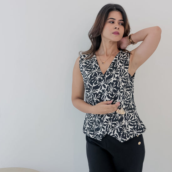 Black printed waistcoat with gold applique