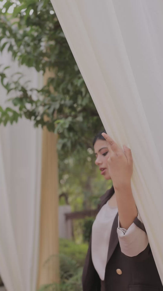 Brown Crepe coat with Cream Satin Detailing on Cuffs and gold butoons EWCT0003-BRNGB