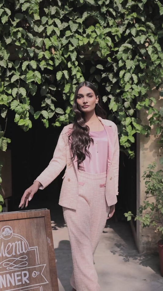 Peach tweed fabric coat with gold buttons detailing EWCT0020-PEAGB