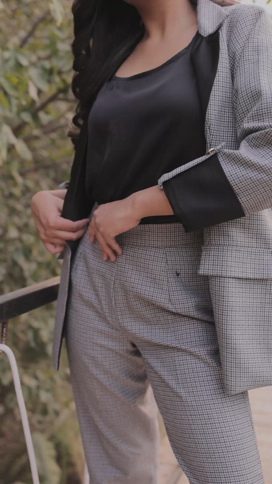 Black and grey woollen houndstooth coat with black satin detailing and gold buttons EWCT0005-BLKGB