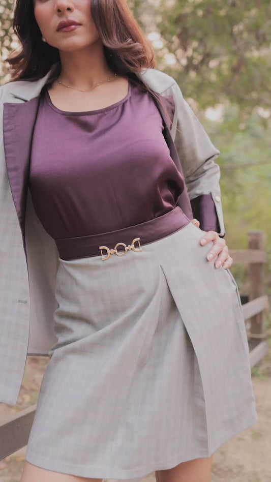 Light green check coat with wine satin detailing and gold buttons EWCT0015-GRNGB