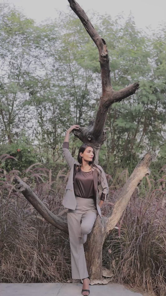 Brown Houndstooth coat with brown satin detailing and gold buttons EWCT0002-BRNGB