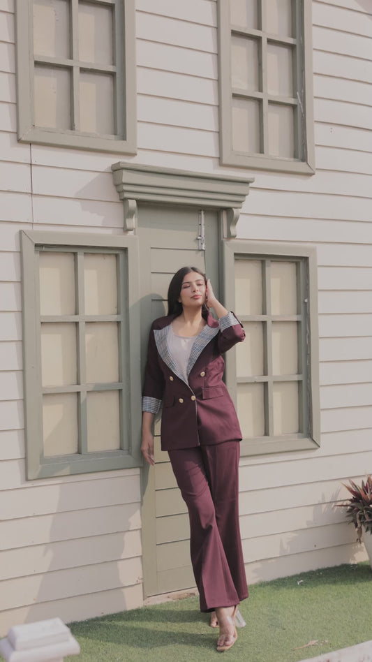 Wine crepe coat & Pants Co ord set with houndstooth print detailing and gold buttons EWCO0026-BRNPT