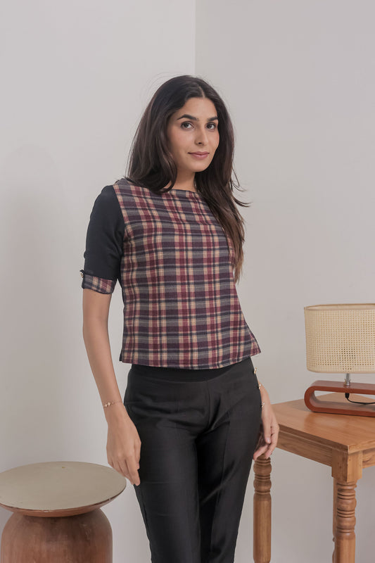 Maroon check top with black quarter sleeves EWTP0050-MRNBL