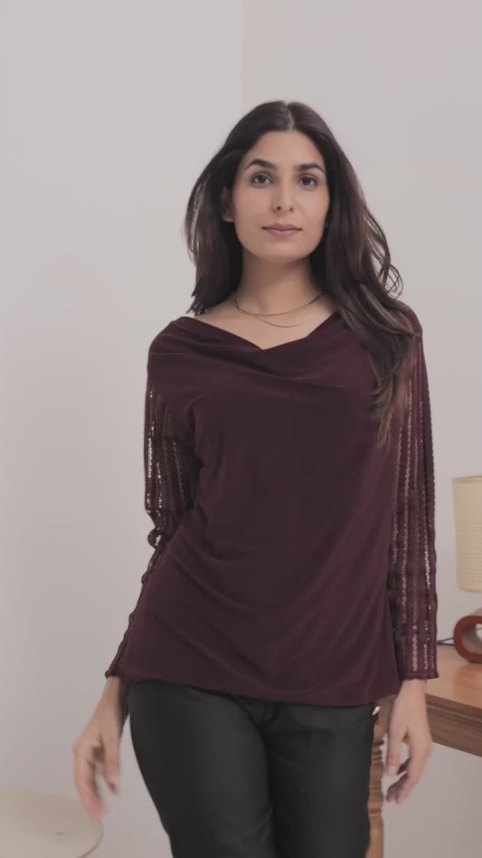 Maroon cowl neck top with cut work sleeves - esseneur.
