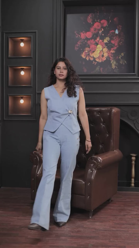 Light blue in denim with gold applique on waistcoat co ord set ESWCO0006-BLUGA