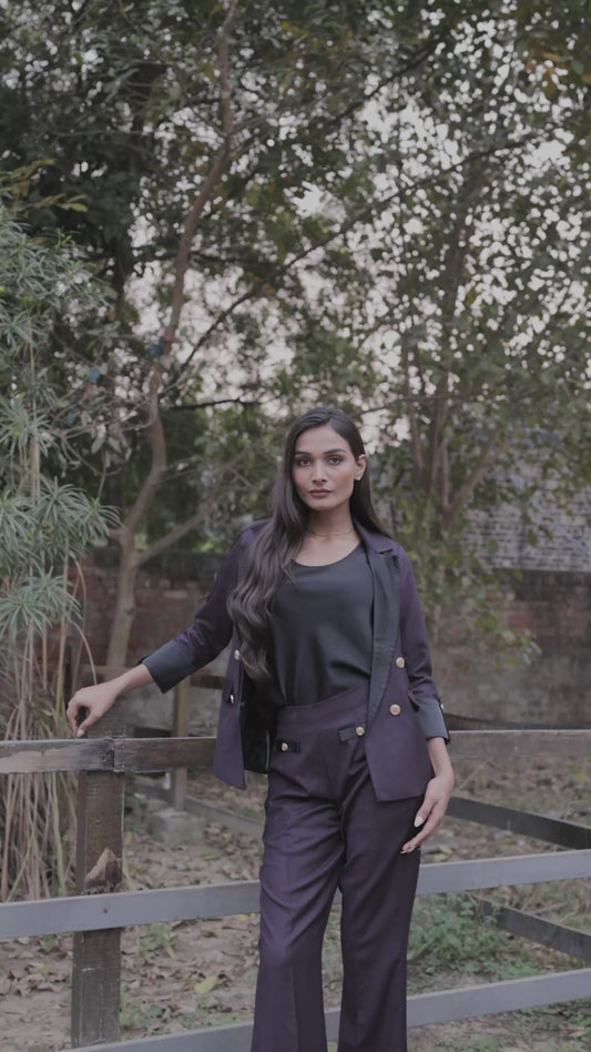 Blue purple check coat with gold buttons detailing EWCT0019-BLUGB