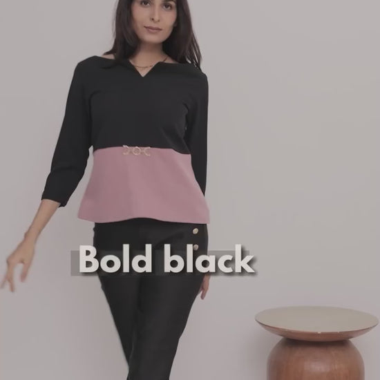 Black and peach two colour quarter sleeve top with gold applique - esseneur.