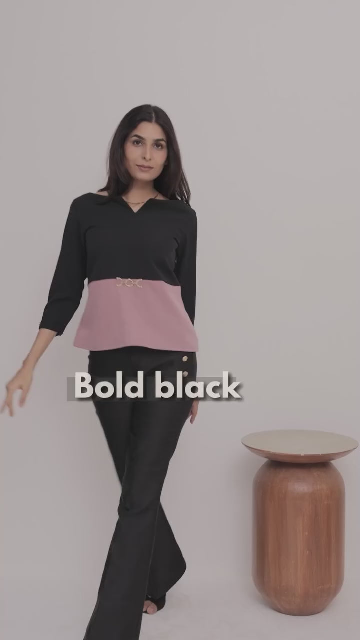 Black and peach two colour quarter sleeve top with gold applique - esseneur.