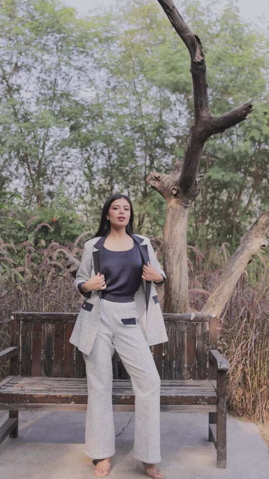 White & Grey Tweed fabric coat with blue satin detailing and gold buttons EWCT0008-WHTGB