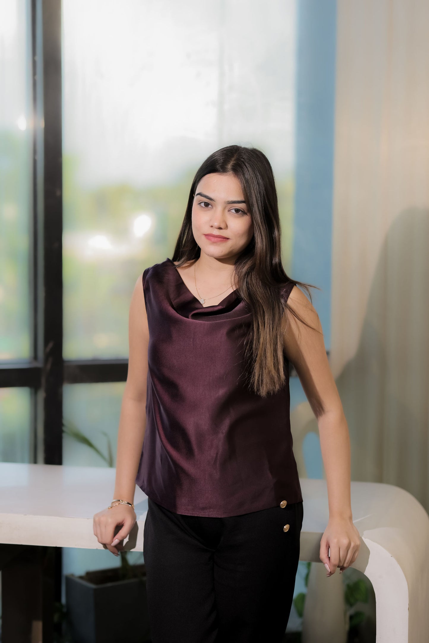 wine cowl neck top- esseneur.